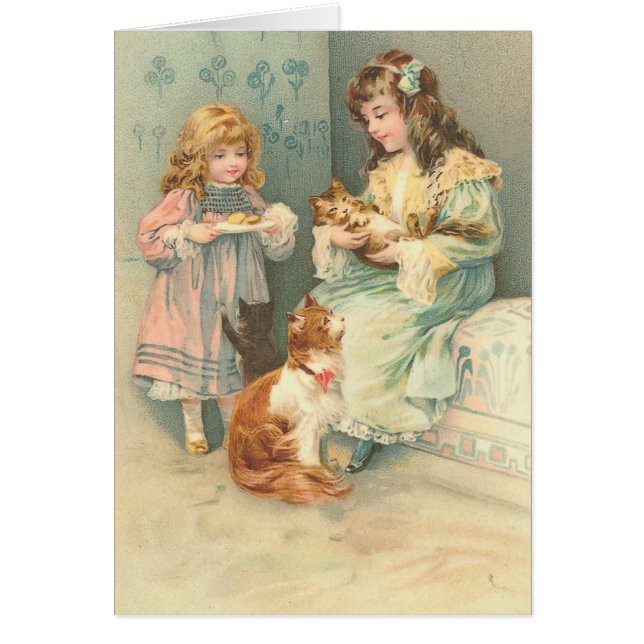 Vintage - Girls' Playtime with Cat & Kittens, (Front)