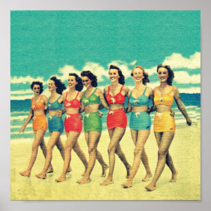 Vintage Girls walking down the beach Poster