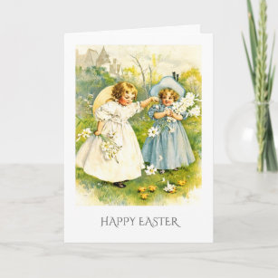 Vintage Girls with Chickens. Easter  Holiday Card