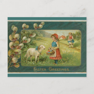 Vintage Girls With Lambs in a Field Easter Postcard