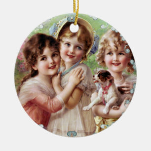 Vintage Girls with Puppy Ceramic Tree Decoration