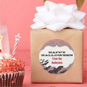 Vintage Girly Damask Bats Pink and Grey Classic Round Sticker