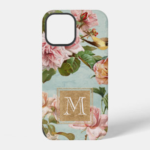 Vintage Girly Flowers Gold Glitter Mint Monogram iPhone 12 Case