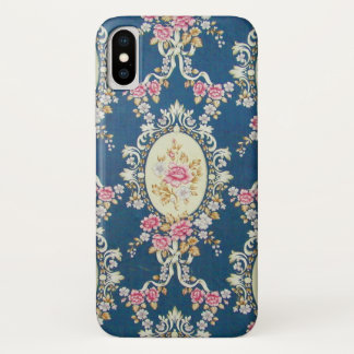 Vintage Girly Navy Blue Pink White Floral Pattern iPhone X Case