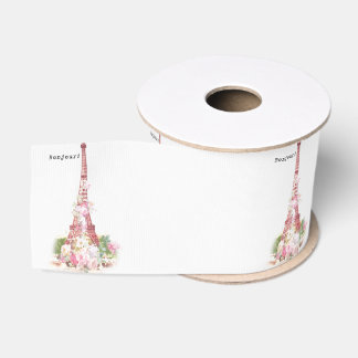 Vintage girly pink flowers Paris Eiffel Tower Grosgrain Ribbon