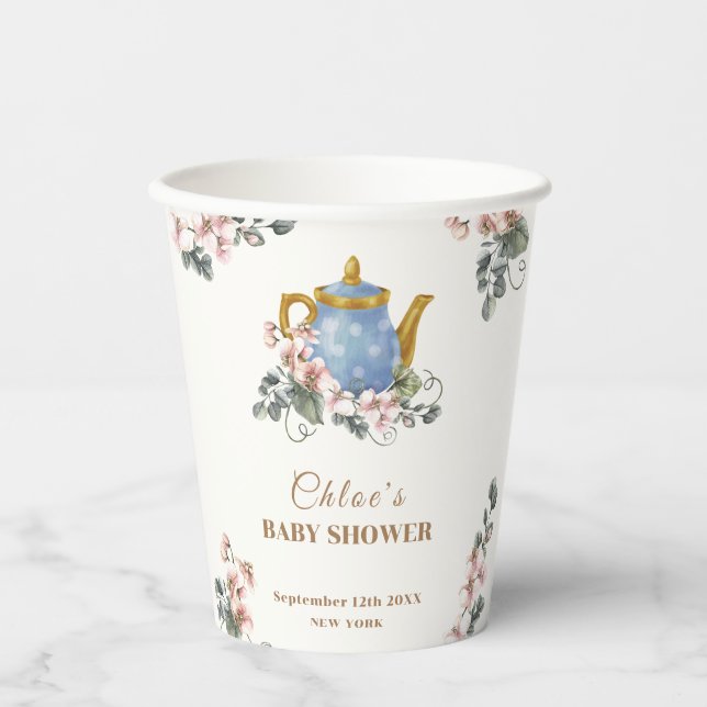 Vintage Girly Wildflower Tea Baby Shower  Paper Cups (Front)