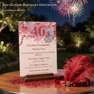 Vintage Glam 40th Birthday Red Feathers Glitter Invitation