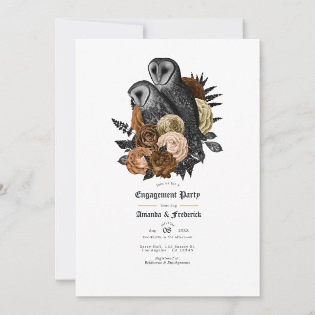 Vintage Glam Amber Owls Gothic Engagement Party Invitation (Front)
