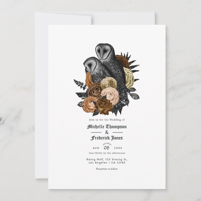 Vintage Glam Amber Owls Gothic Wedding Invitation (Front)