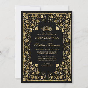 Vintage Glam Black Gold Frame Tiara Quinceanera Invitation