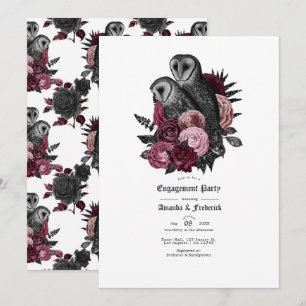 Vintage Glam Burgundy Owls Gothic Engagement Party Invitation