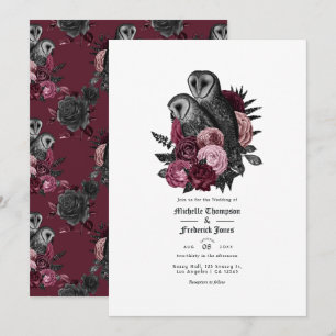 Vintage Glam Burgundy Owls Gothic Wedding Invitation