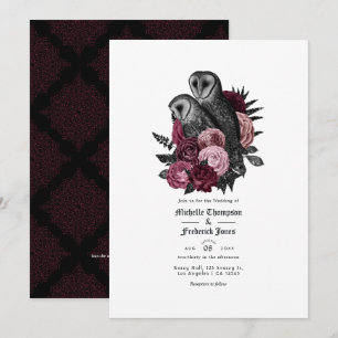 Vintage Glam Burgundy Owls Gothic Wedding QR Code  Invitation