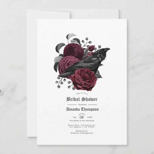 Vintage Glam Burgundy Raven Gothic Bridal Shower Invitation (Front)