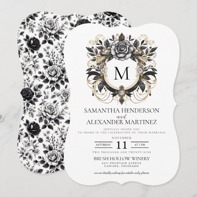 Vintage Glam Floral Wedding Invitation (Front/Back)