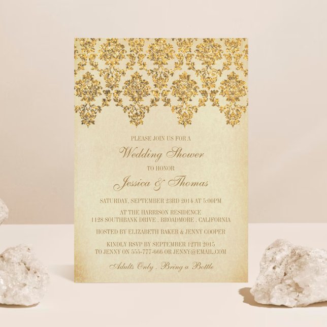 Vintage Glam Gold Damask Wedding Shower Invitation (Creator Uploaded)