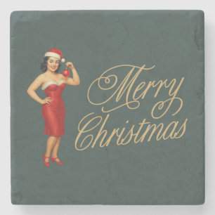Vintage glam pin-up Christmas gal Stone Coaster