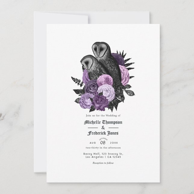 Vintage Glam Purple Owls Gothic Wedding Invitation (Front)