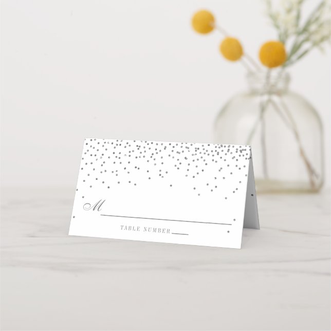 Vintage Glam Silver Confetti Wedding Place Card (Front)