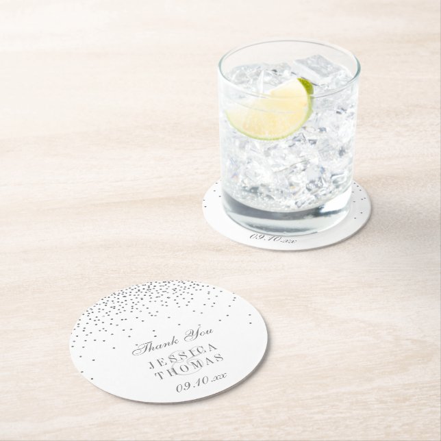 Vintage Glam Silver Confetti Wedding Round Paper Coaster (Insitu)