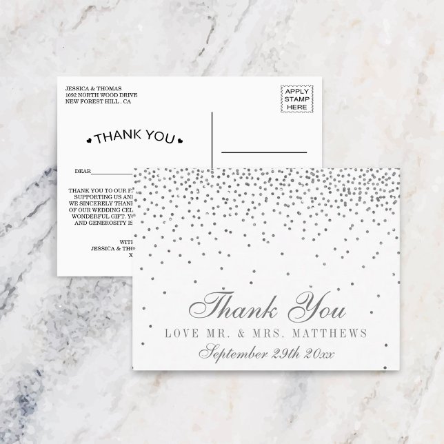 Vintage Glam Silver Confetti Wedding Thank You Postcard (Creator Uploaded)