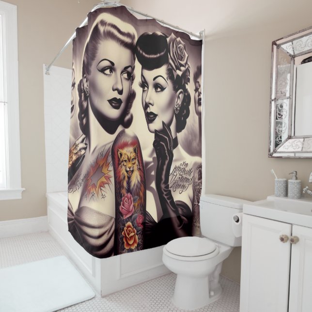 Vintage Glam Tattoo Pinups Shower Curtain (In Situ)