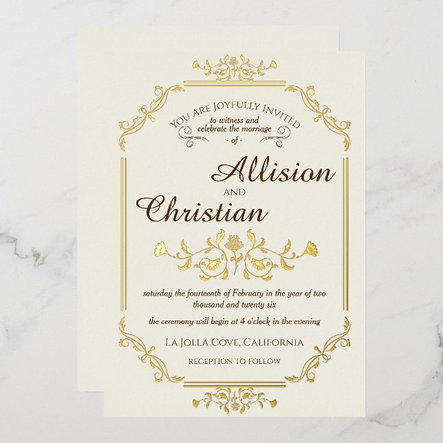 Vintage Glam Wedding Gold Foil Invitation (Front/Back)