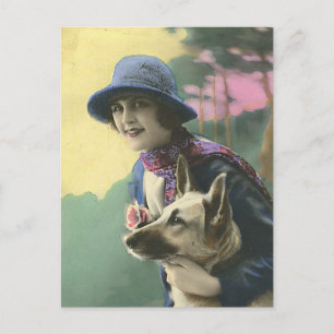 Vintage Glamour Girl and German Shepard Postcard