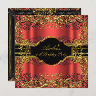 Vintage Glamour Red & Gold Swirl Birthday Party Invitation