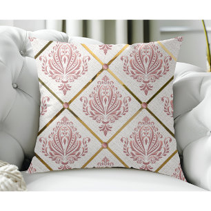 Vintage Glamour Rose Mauve Damask on White Linen Cushion