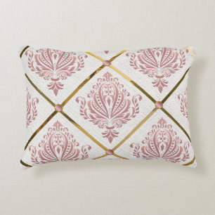 Vintage Glamour Rose Mauve Damask on White Linen Decorative Cushion