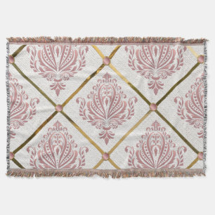 Vintage Glamour Rose Mauve Damask on White Linen Throw Blanket