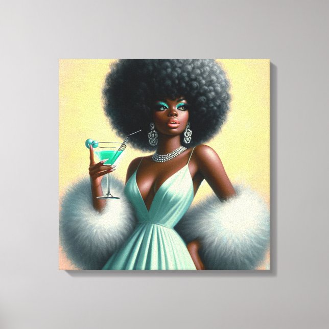 Vintage Glamour: Whimsical Afro Pin-Up Mint Green Canvas Print (Front)