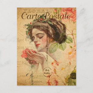 Vintage Glamourous Lady Woman Rose Floral French Postcard