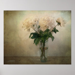 Vintage Glass Vase of Blush Pink and White Peonies Poster