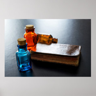 Vintage glasses for medicine and antique book poster