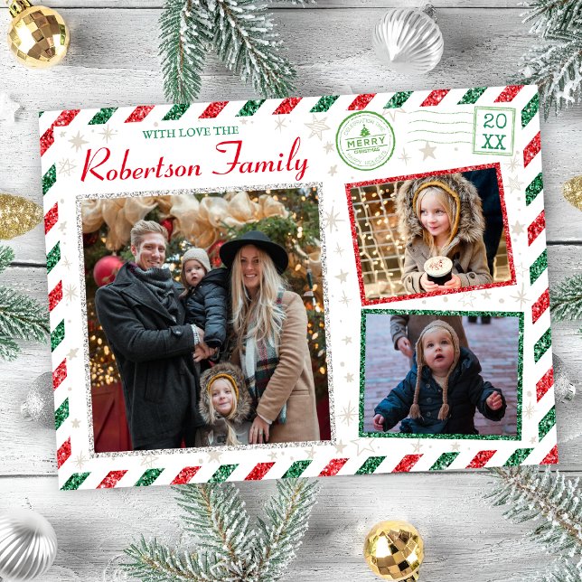 Vintage Glitter Family Photo Fit Airmail Christmas Postcard (Vintage Airmail Christmas Family Photo Postcard)