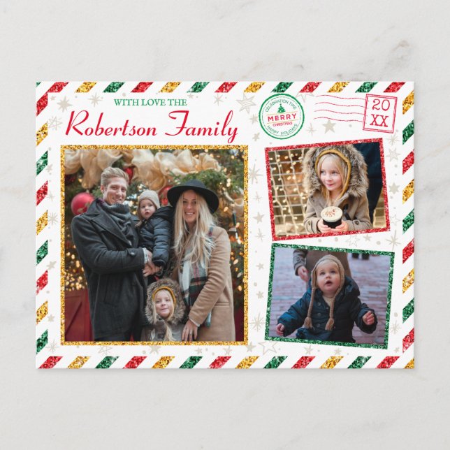 Vintage Glitter Family Photos Airmail Christmas Postcard (Front)