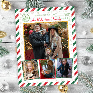 Vintage Glitter Family Photos Airmail Christmas Postcard