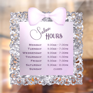 Vintage Glitter Frame Lilac Bow Opening Hours Window Cling