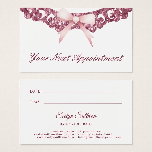 Vintage glitter frame pink bow appointment card (Front & Back)