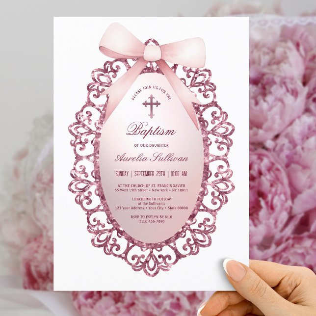 Vintage Glitter Frame Pink Bow Baptism Invitation (Creator Uploaded)