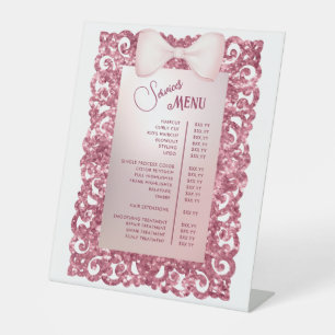 Vintage Glitter Frame Pink Bow Services Menu Pedestal Sign