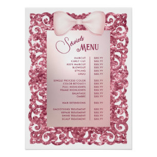 Vintage Glitter Frame Pink Bow Services Menu Poster