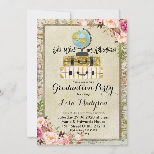 Vintage Globe Adventure Graduation Party Invite (Front)