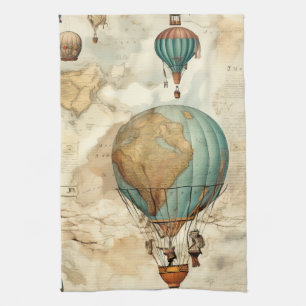 Vintage Globe Hot Air Balloon Antique Map Tea Towel