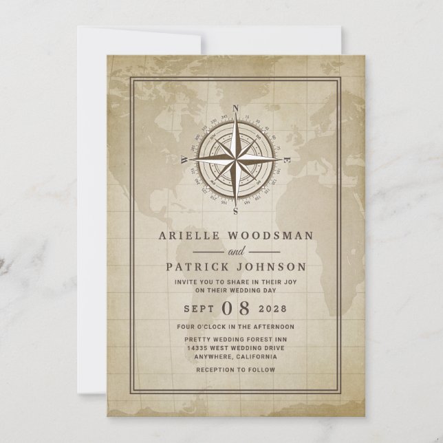 Vintage Globe Nautical Compass Wedding Invitations (Front)