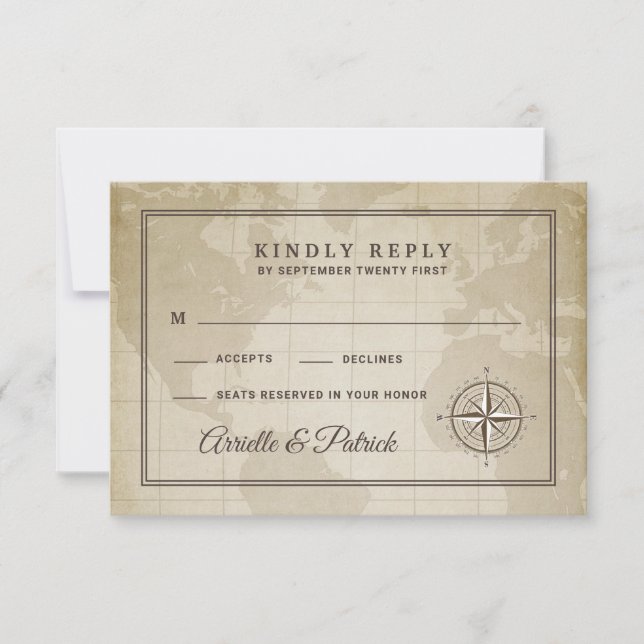 Vintage Globe Nautical Compass Wedding RSVP Cards (Front)