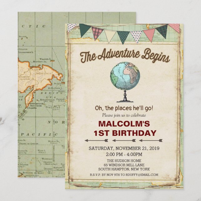 Vintage Globe Travel 1st Birthday Invitation (Front/Back)