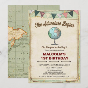 Vintage Globe Travel 1st Birthday Invitation